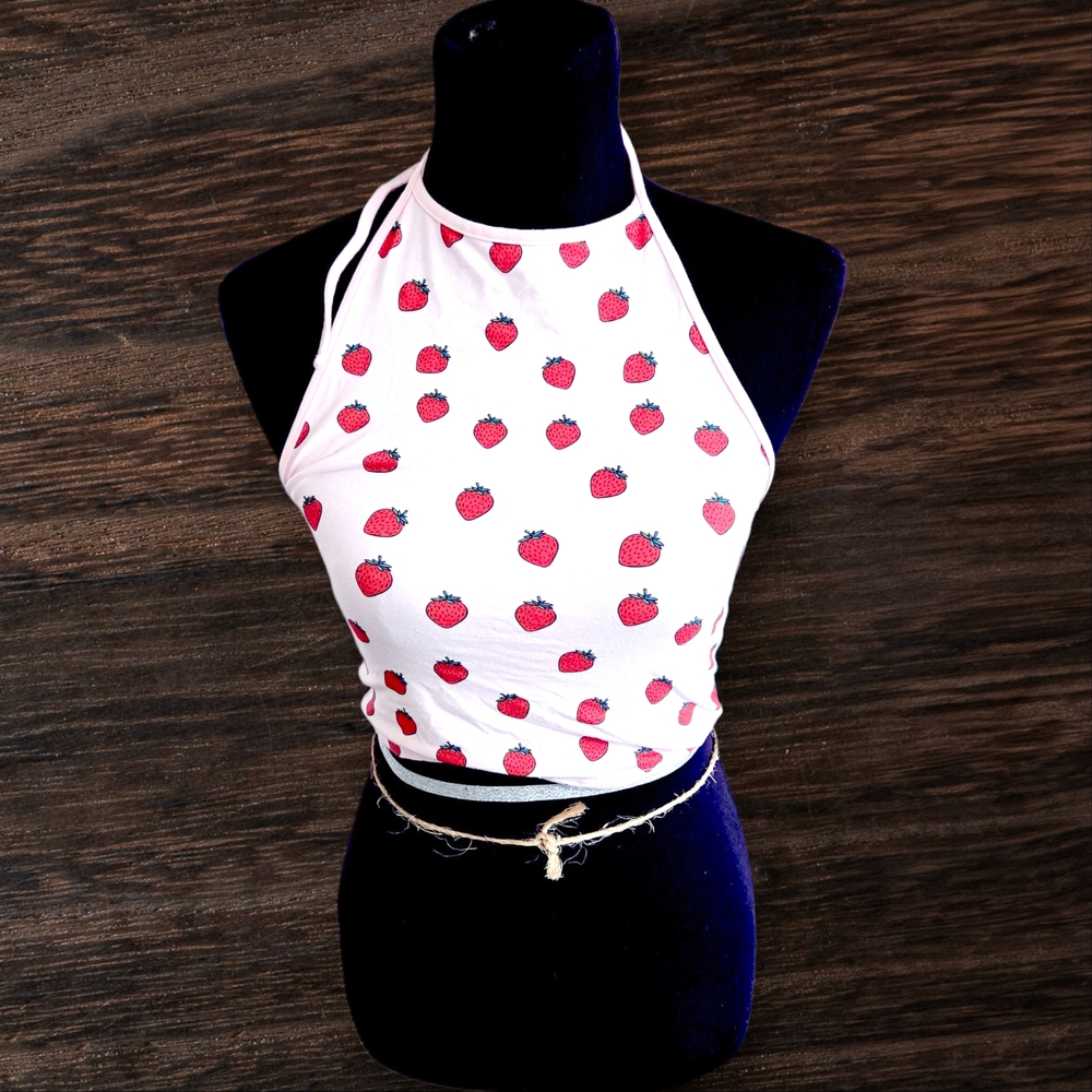 Forever 21 White Crop Top with Red Strawberry Print